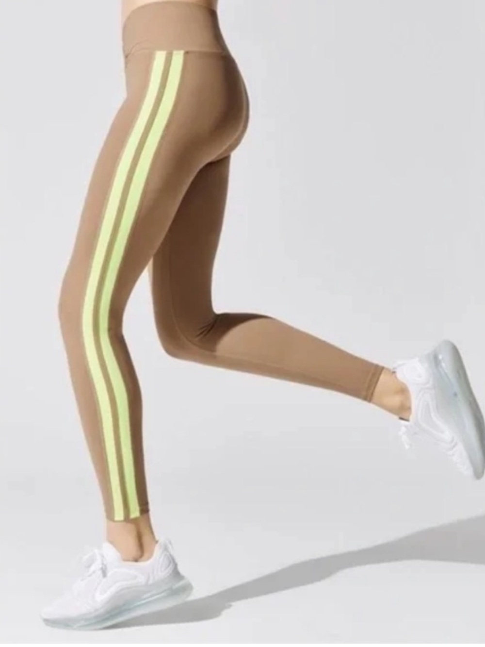 Year of Ours Tan Leggings with Neon Yellow Side Stripes